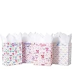 Loveinside Medium Size Gift Bags, Colorful Bow Pattern Gift Bag with Tissue Paper for Shopping, Parties, Wedding, Baby Shower, Craft-4 Pack, 7 X 4 X 9