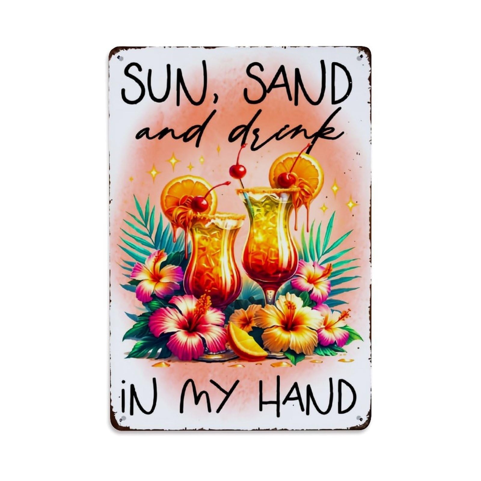 Jdyaojiesheng Vintage Sun Sand Drink Flowers Palm Tin Sign Retro Metal Wall Decor Metal Poster, Home Bar Garage Farmhouse Cafe Wall Art Decoration 8X12inches