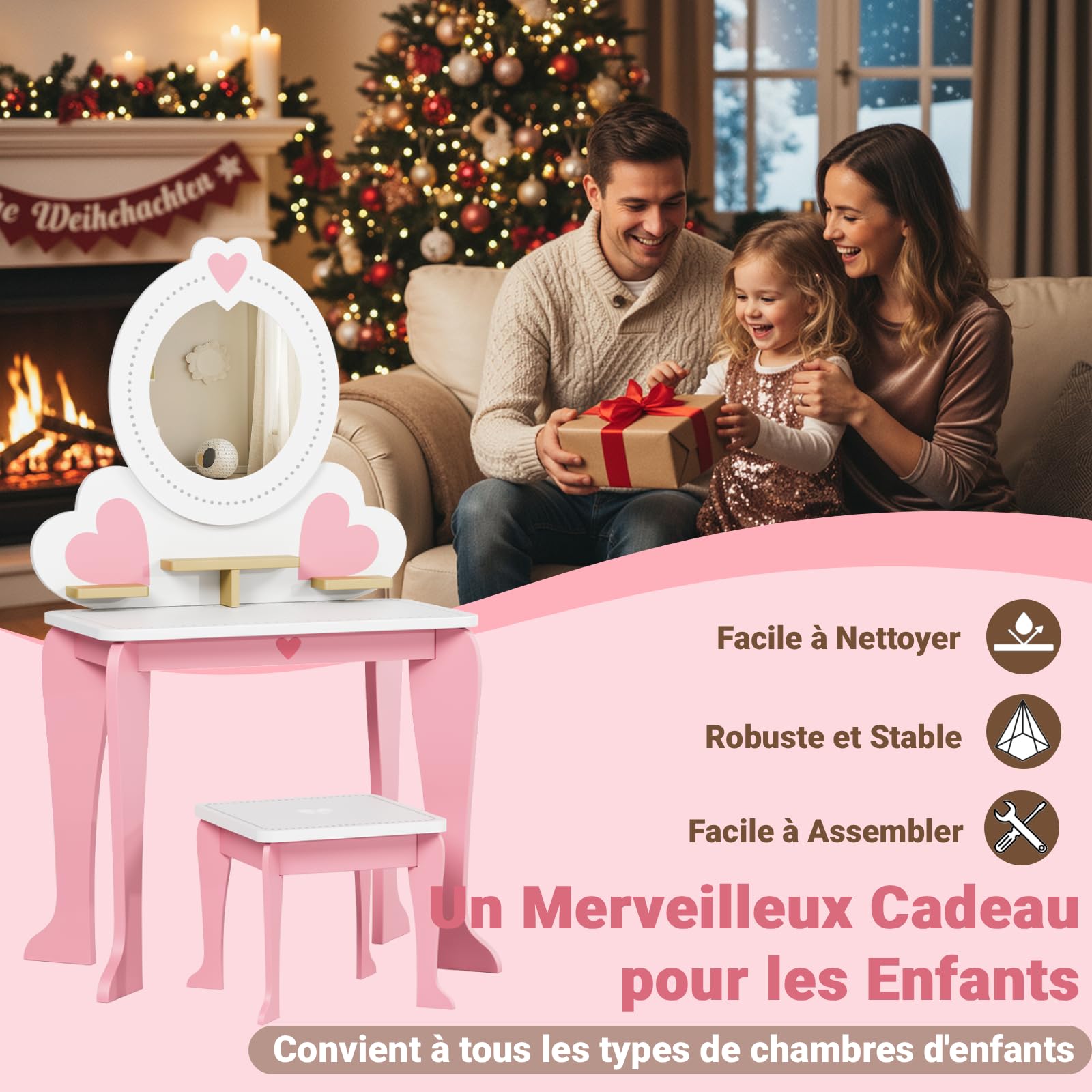 Clevich 2 en 1 Coiffeuse Enfant, Coiffeuse pour Fille avec Miroir et Tabouret Enfant, Bureau pour Enfants, Table de Maquillage pour Enfants 3 à 8 Ans (Rose)
