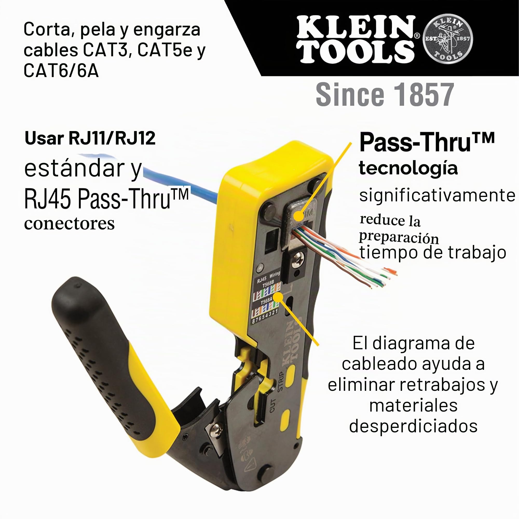 Klein Tools VDV226-110 | Pinza Crimpadora De Trinquete Pass Thru | Corta Pela Y Crimpa Cables Datos | RJ11 RJ12 RJ45 | Construccion De Acero Duradera