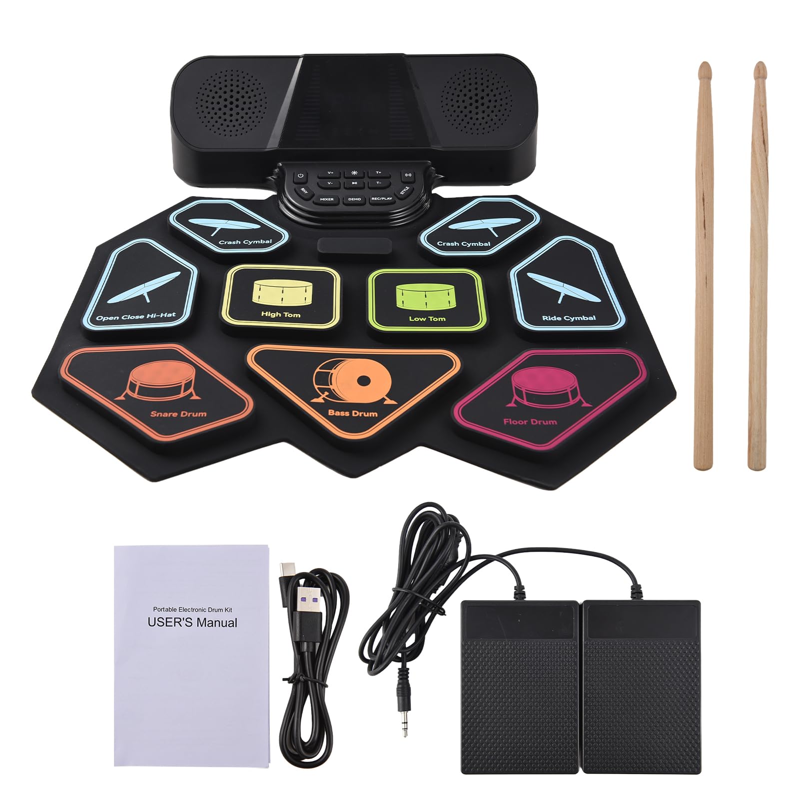 Batería Electrónica Portátil, Kit de Batería de Mano con Luces LED, Recargable, Ligera, 9 Pads, Pad Práctica, Baquetas para músicos. (Negra)