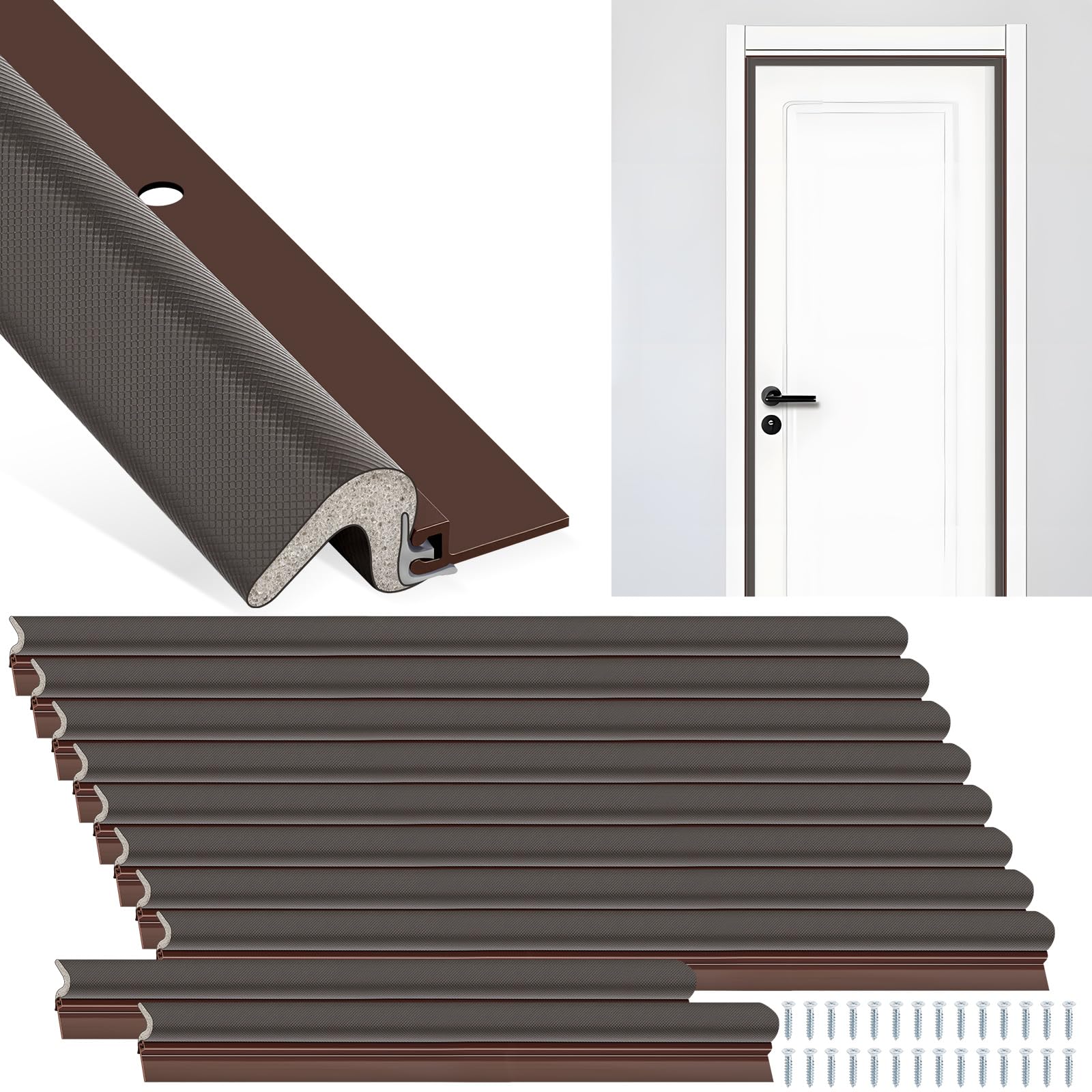 Photo 1 of ***PARTIAL SET 5 PCS/ MISSING ASSEMBLY HARDWARE*** Yuntau 10 Pcs Screw on Door Weather Stripping 42" 36" Exterior Door Weather Stripping with Aluminum Carrier and Foam Gasket, V Shaped Soundproof Seal for Sides and Top (Brown)