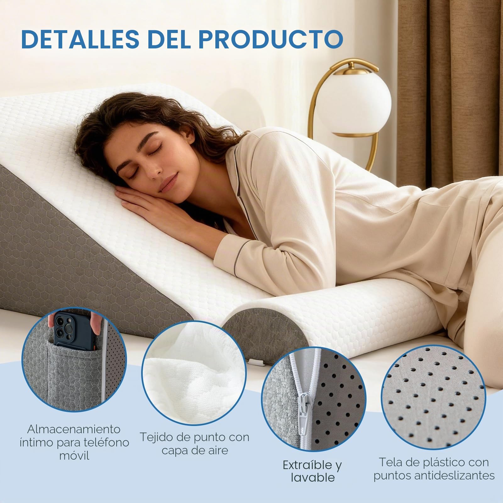 Cuña para Dormir, Almohada Triangular 3 en 1, Cojín de Espuma de Alta Resiliencia 50x50x26 cm, Funda de Algodón Gris Claro para Descanso y Relajación | Funda de algodón, alta elasticidad, ideal para dormir, leer, elevar las piernas