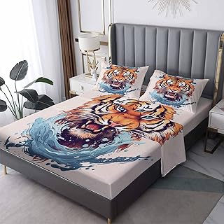 GEDAEUBA Tiger Sheets Full Size Sheet Sets - Wild Animal Bed Sheets for Kids Boys Girls, Wildlife Sheet Set with Deep Pocket Fitted Sheet, Soft Microfiber Wrinkle Free Bedding Set