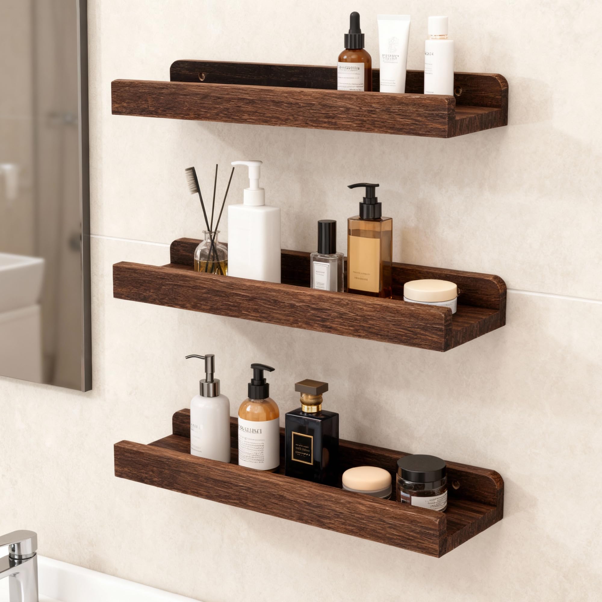 Estantes Flotantes, Estanterías de Exhibición de Pared Rústica para Sala de Estar, Organizador de Madera de 3 Niveles con Madera de Paulownia, 42x11x4cm (Brown)