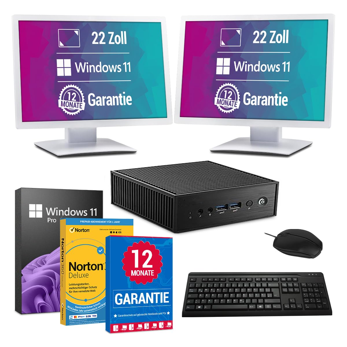 All-in-One Paket - Komplett Mini PC - Intel Core i5 Computer ■16 GB DDR4 RAM ■512 GB SSD Speicher ■Windows 11 Pro ►2 Stück 22 Zoll HD+ Monitore ►USB Maus & Tastatur ►WiFi & Bluetooth