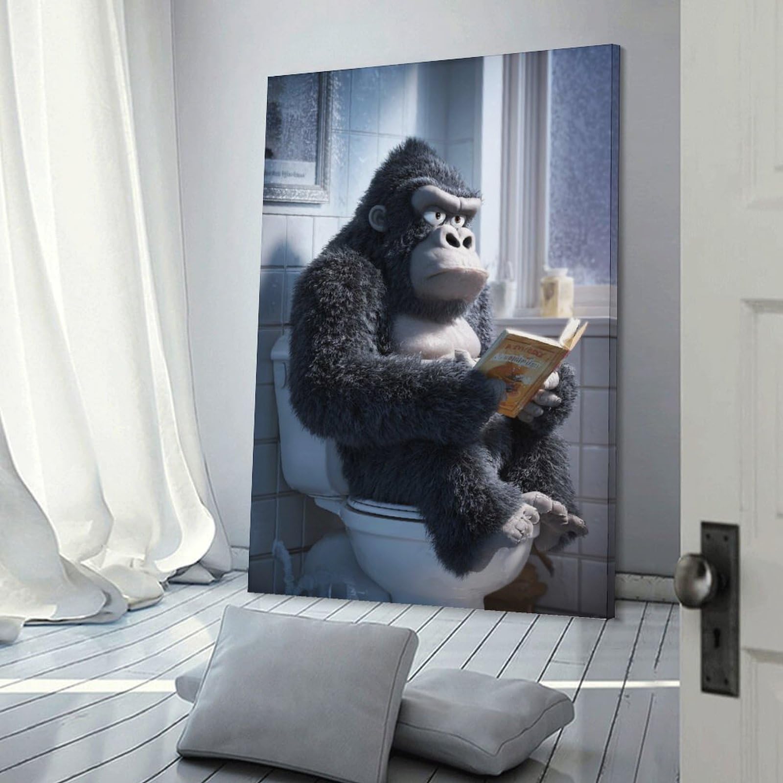 Junmoney Frame-Style-16 Gorilla Reading A Book On Toilet Canvas Wall Picture, 20X30inch(50X75cm), For Study, Office Or Focused Interiors, Home Office Artwork With Decorative Appeal