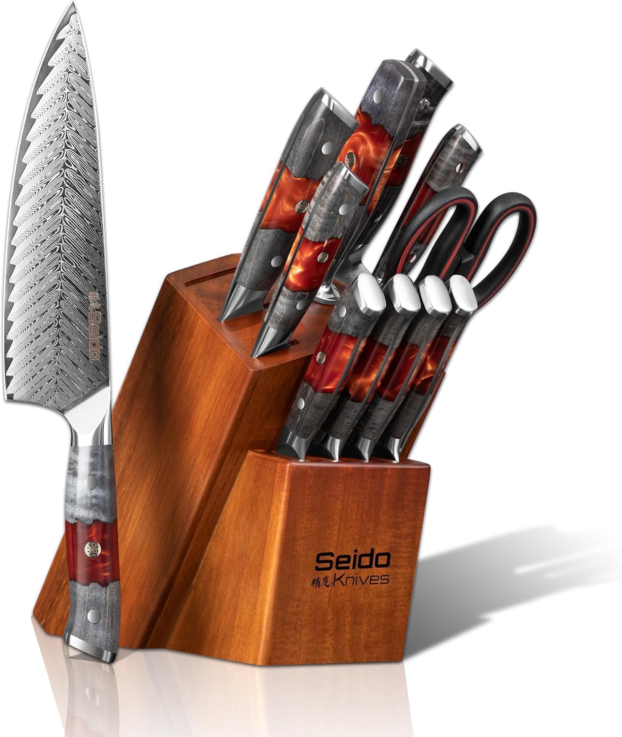 12-Piece Inferuno Knife Block Set – Premium AUS-10 Damascus Steel, Red Resin & Maple Wood Handles, Professional Chef & Steak Knives with Acacia Block