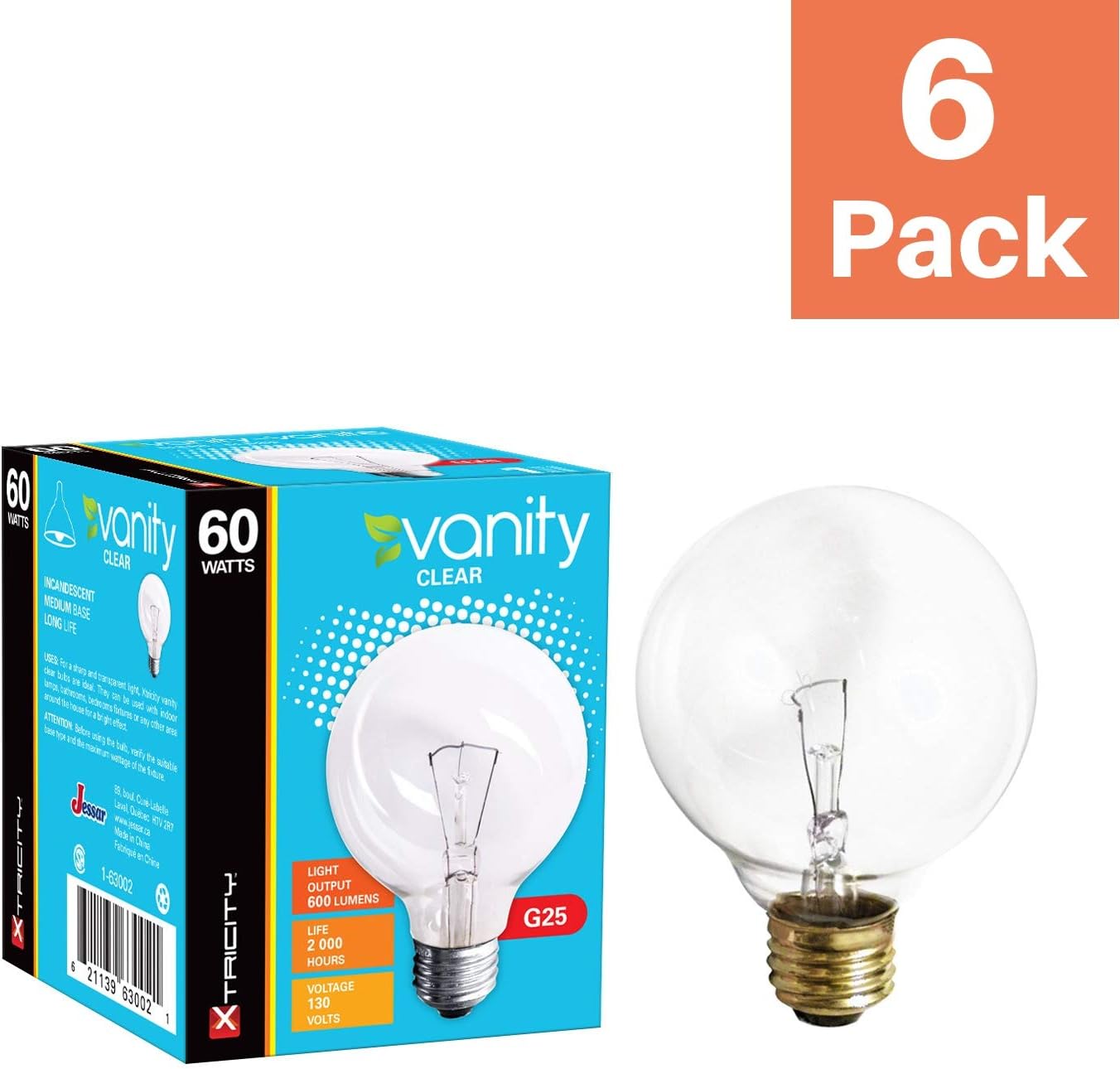 Xtricity G25 Clear Globe Incandescent Light Bulb, 60 Watt, 2700K Soft White, E26 Medium Base, 360 Lumens, 130V (6 Pack)