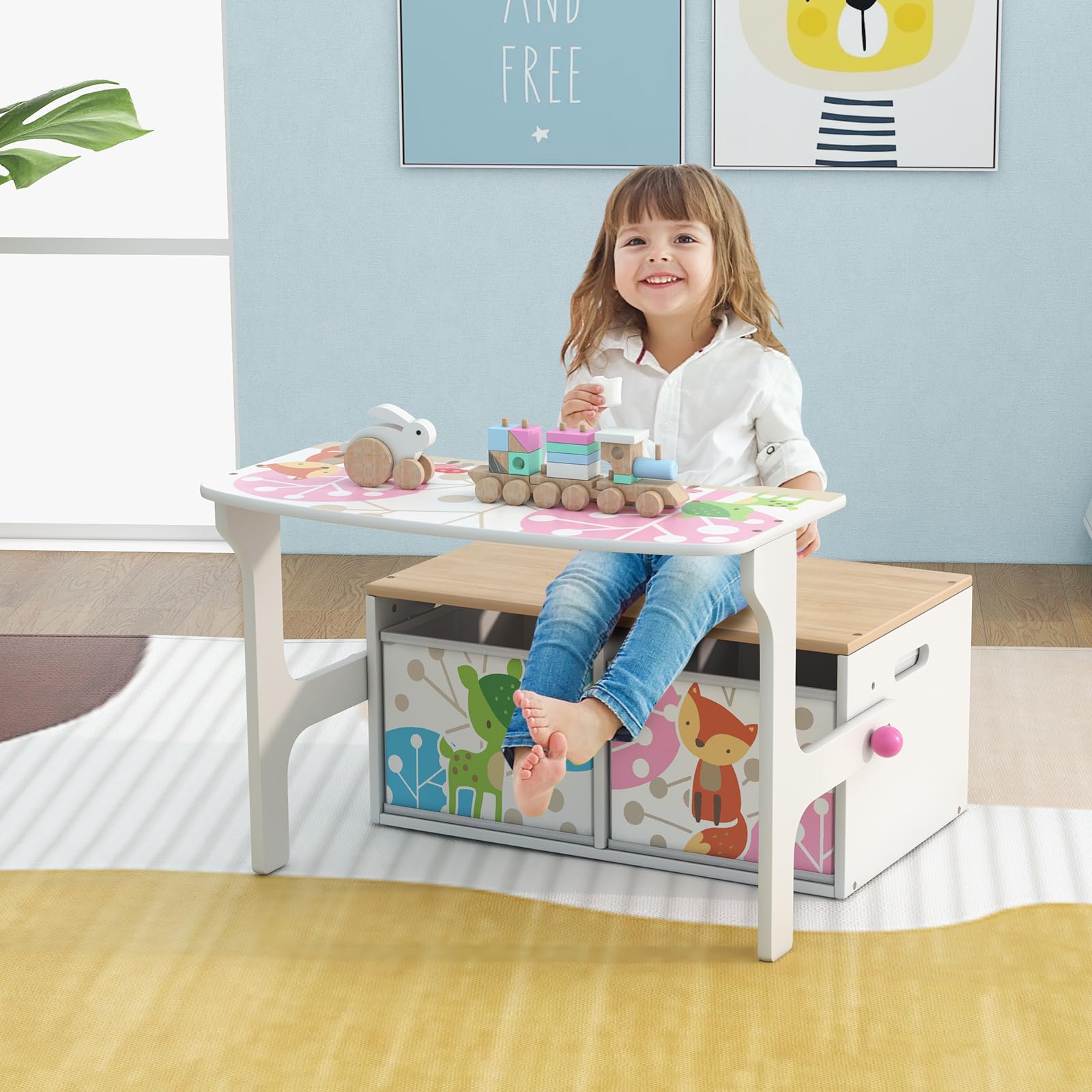 LIFEZEAL Panca portaoggetti 3 in 1 con 2 cassetti, cassapanca in legno, set tavolo con sgabello per bambini 3-7 anni, sedile con carico 60 kg, vassoio con carico 10 kg (bianco)