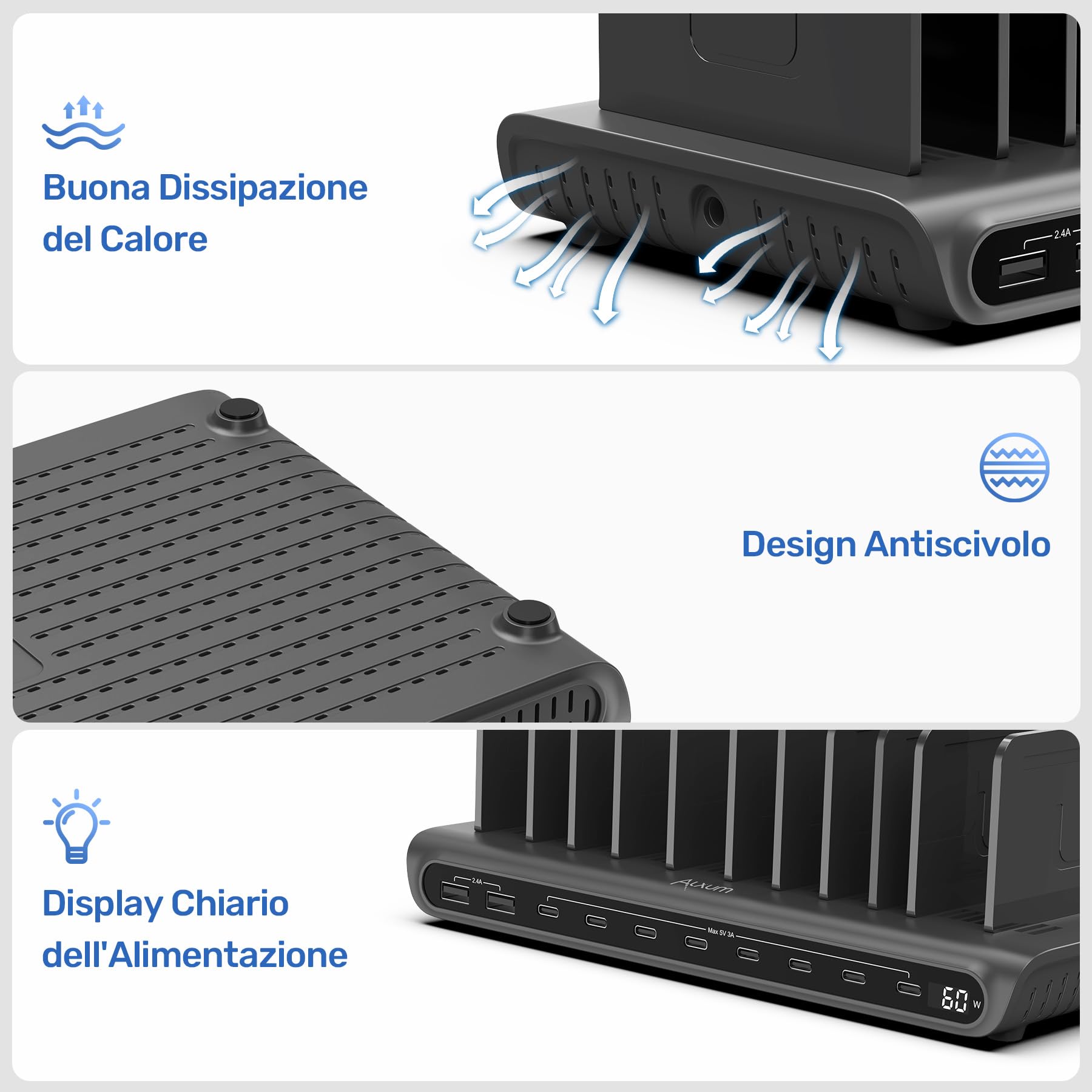 Alxum Stazione di Ricarica USB 10 Porte 60W, Multi Caricatore USB con Display LED, 8×USB-C e 2×USB-A, Smart Charging Station per iPhone, iPad, Phone, Tablet, Android, Ideale per Casa, Ufficio e Scuole