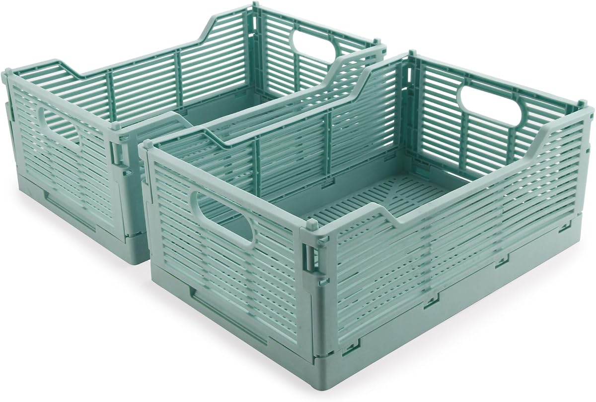 Paquete de 2 cajas plegables para almacenamiento, 15,75 x 11,81 x 6,1 pulgadas, azul | Cestas de plástico plegables, cajas de almacenamiento de plástico plegables, ideales para el hogar, cocina, aula, oficina, dormitorio, baño