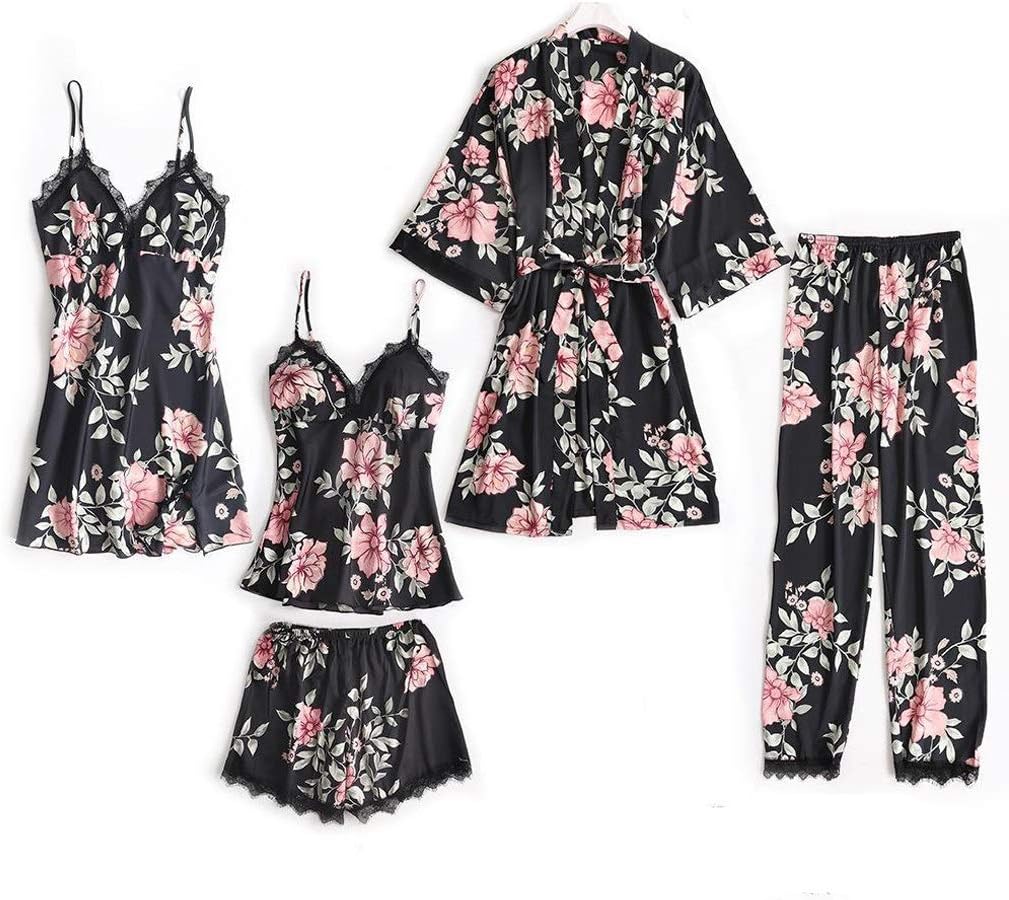 5PCS Pajamas Sleep Set Women Nightwear V-Neck Lace Sleepwear Sexy Nightie Bathrobe Wear Home Suit Spring Robe Gown