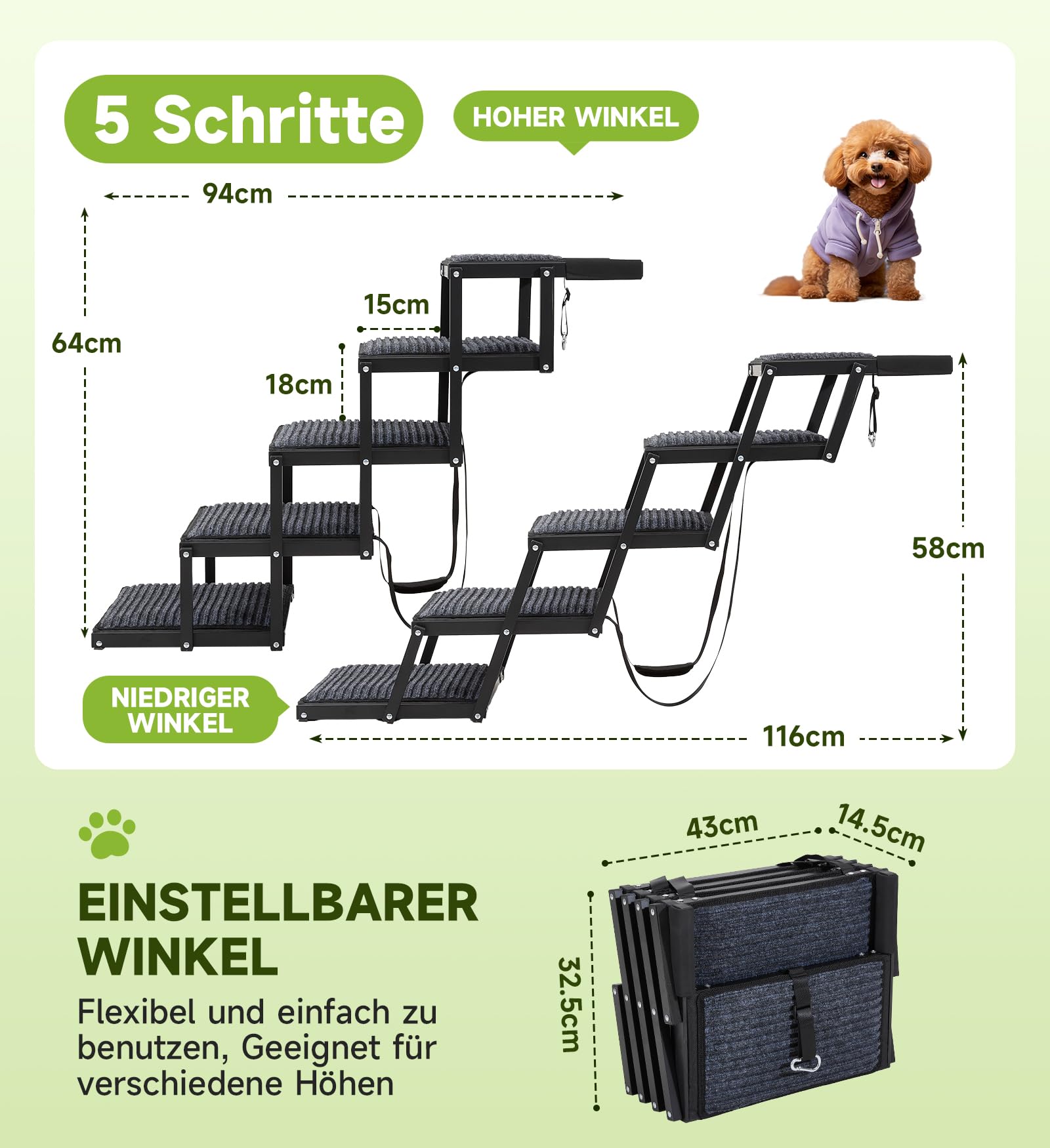 The Fellie Hunderampe, 5-stufige Hunderampe Auto Klappbar, Extra Stabile Hundetreppe mit Anti-Rutsch-Treppe, Liechte Hundetreppe für Kleine&Große Hunde, Hunde Unterstützung bis zu 250 lbs