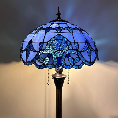 Tiffany - Lámpara de pie con vitrales azules estilo barroco lavanda, base de metal, bombillas LED incluidas para sala de estar, dormitorio, 16