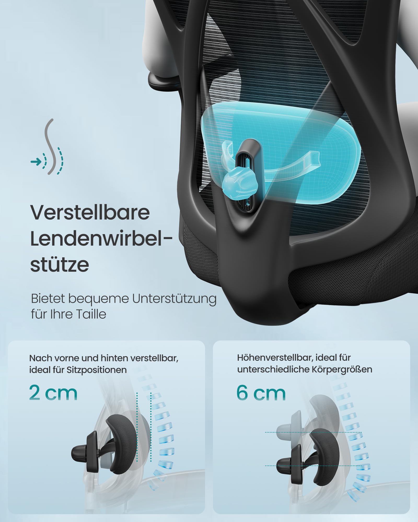 SONGMICS Ergonomischer Bürostuhl, Computerstuhl, Mesh-Stuhl, Lendenkissen und Kopfstütze verstellbar, maximale Belastung: 150 kg, höhenverstellbar, Tintenschwarz, OBN063B01