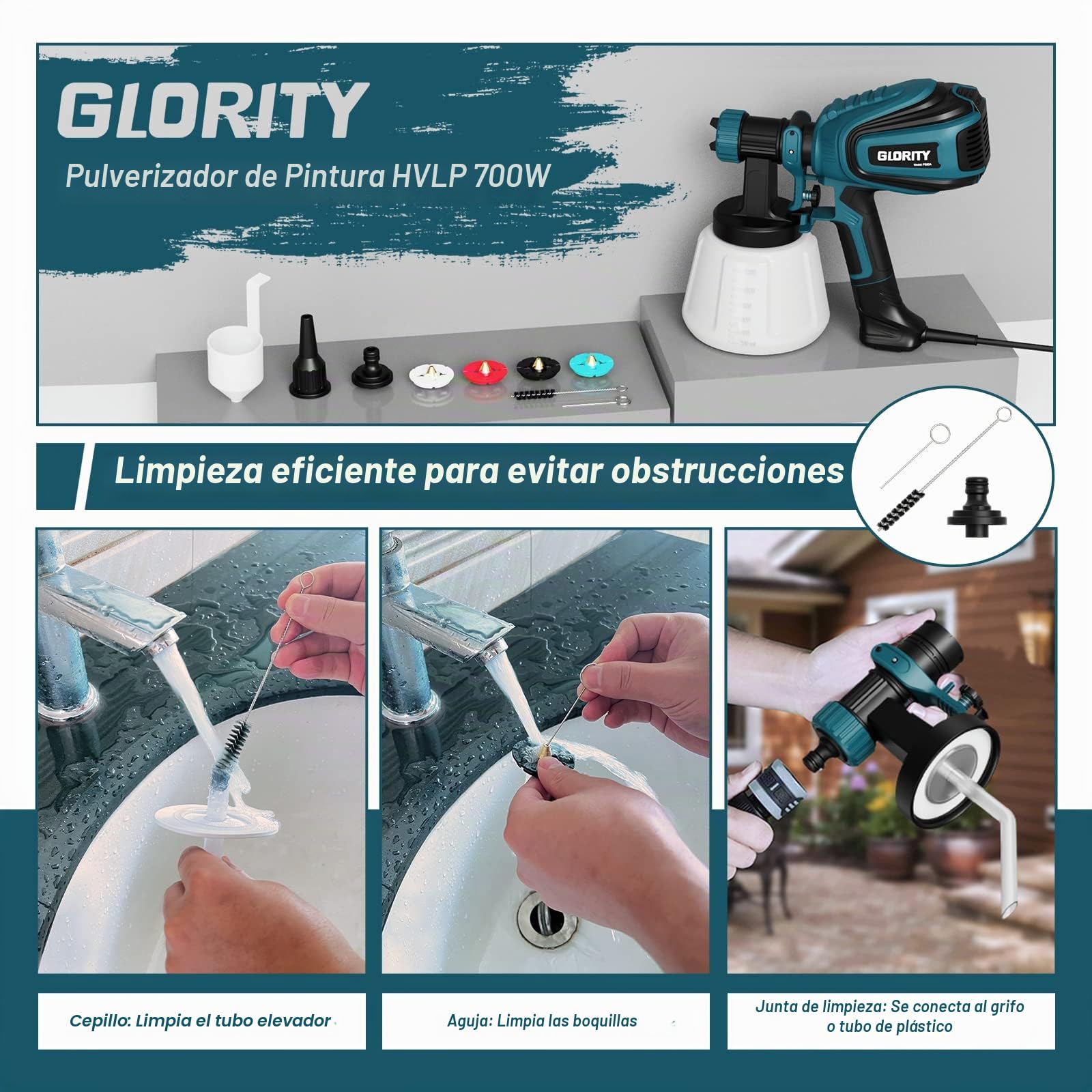 Pulverizador de Pintura, Pistola de pulverización HVLP de 700 W con Juntas de Limpieza y soplado, 4 boquillas y 3 Patrones, fácil de Limpiar, para Muebles, armarios, Vallas, Paredes, Puertas,