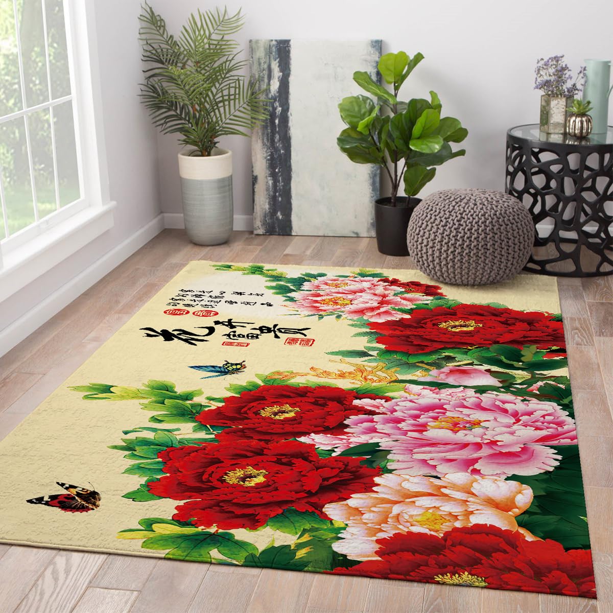 Kolorowy dywan piwonia chińska kaligrafia sztuka i latające motyle nadruk maty z niskim włosiem estetyczny kwiatowy chiński wystrój podłogi 150x240cm