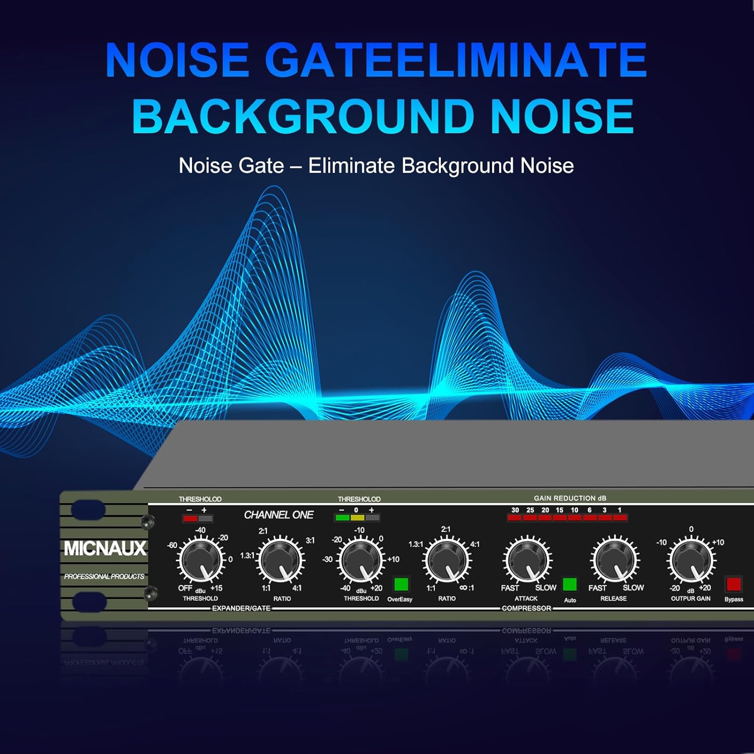 Audio Compressor, Professional Dual-Channel Black Dynamic Processor with Noise Gate & Sidechain Insert for Studio, Live & Streaming – 1U Rackmount, XLR/TRS Inputs