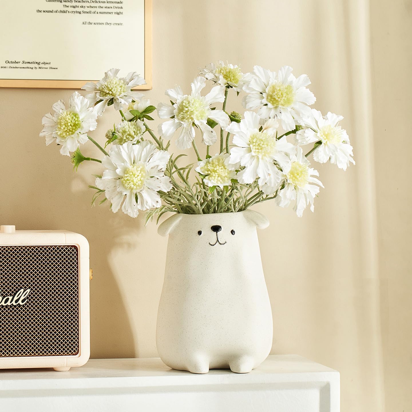 Ceramic White Puppy Vase, Cute Sitting Dog Flower Vase, Morden Aesthetic Home Decor for Living Room, Bedroom, Table, Shelf Ornaments