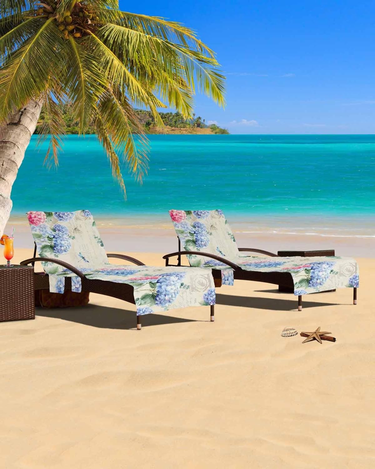 Watercolor Flower Beach Pool Patio Lounge Chaise Chair Cover Towel With Pockets,Absorbent & Quick Dry Microfiber Towel Cover Bag Summer Accessories for Sunbathing Blue Pink Florals Vintage Newspaper