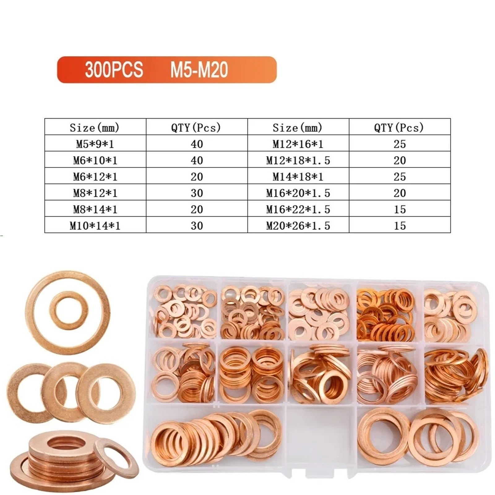 Arandelas de cobre puro sólido 200/280/300 Uds., tapones sumidero M5-M20 recocidos, espaciadores juntas sellado aceite, Kit planas for motocicleta Para Tornillos(M5-M20 (300Pcs))