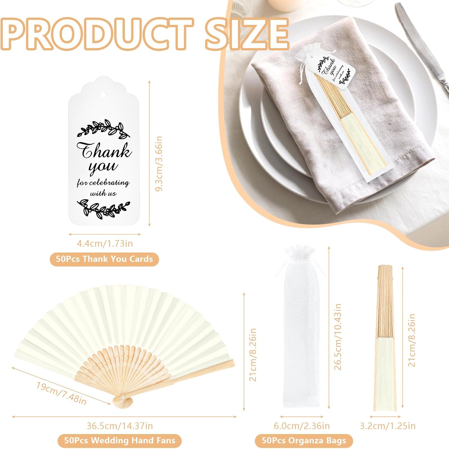 50Set Wedding Hand Fans Party Favors Cream Paper Folding Handheld Fans Bulk, DIY Bamboo Fans with Thank Tag Organza Bag for Summer Guests Bridal Dancing Props Church Decoation