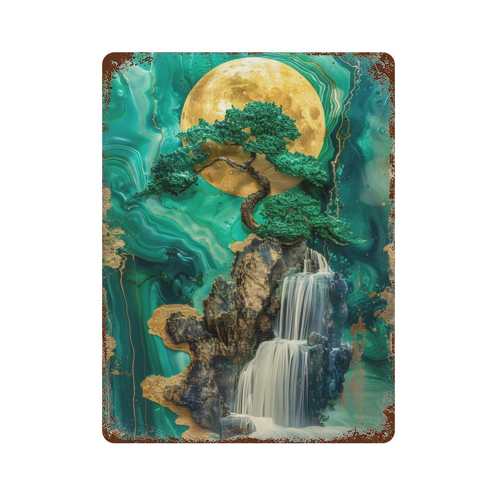 Green Bonsai Waterfall Distressed Metal Wall Sign 15.7"x11.8", Rustic Home Decor for Farmhouse, Kitchen And Entryway Decor
