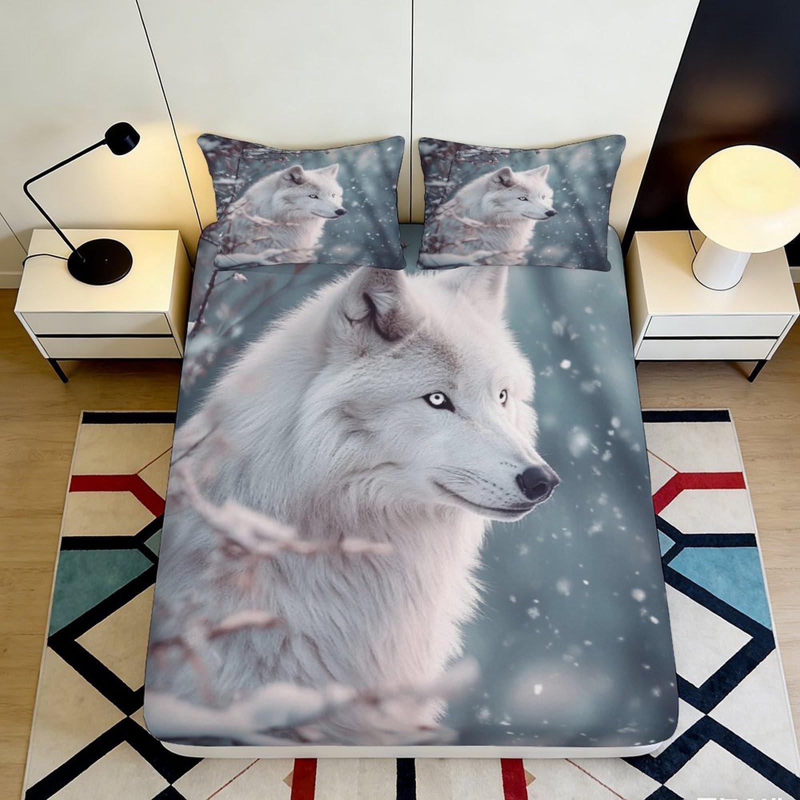 3D Printed White Wolf Fitted Sheet Microfiber Soft Breathable Snow Forest Mattress Cover Bedroom Decor 120x200cm 140x200x25cm