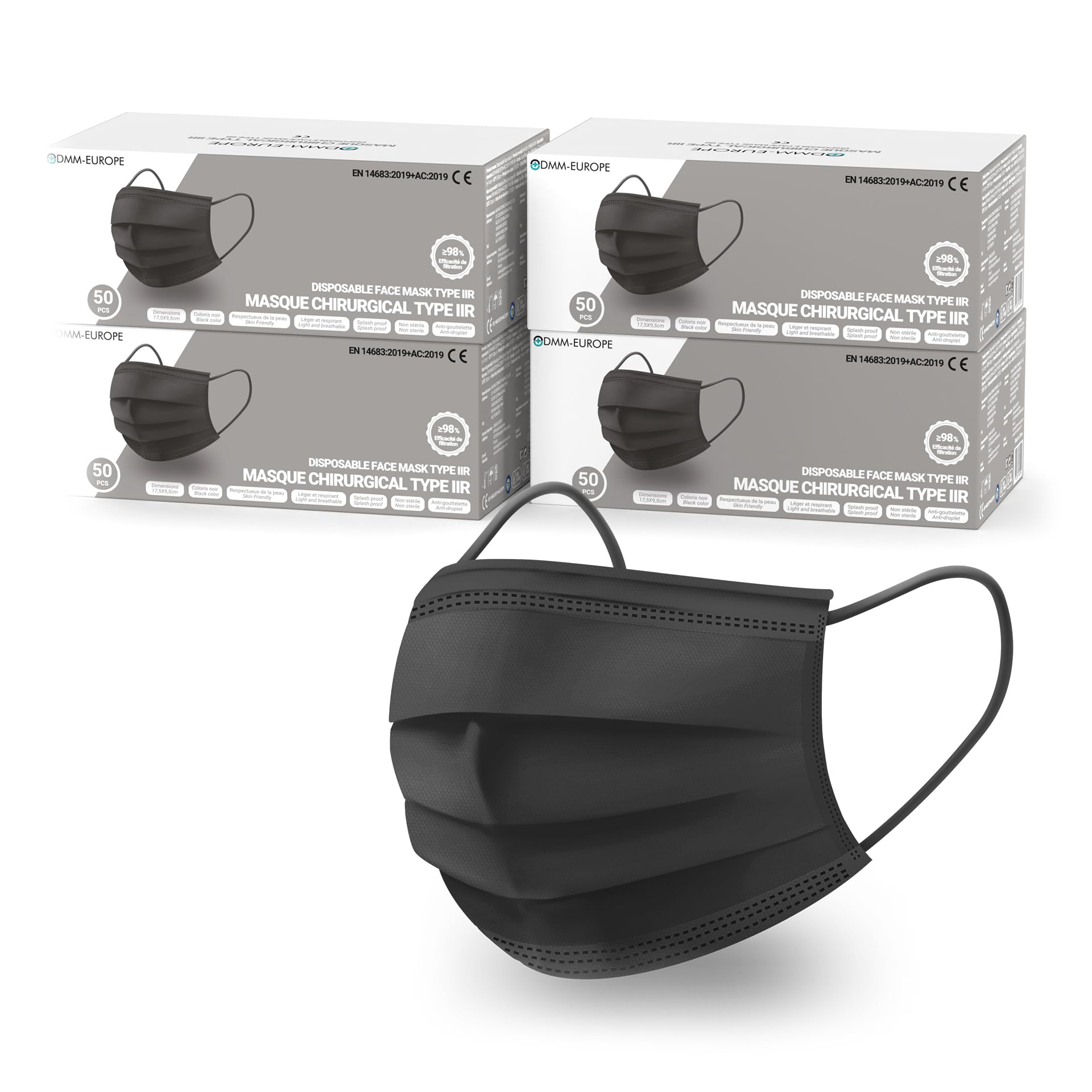 60 SCATOLE DA 50 MASCHERE CHIRURGICALI IIR NERO DMM - SCATOLA 50