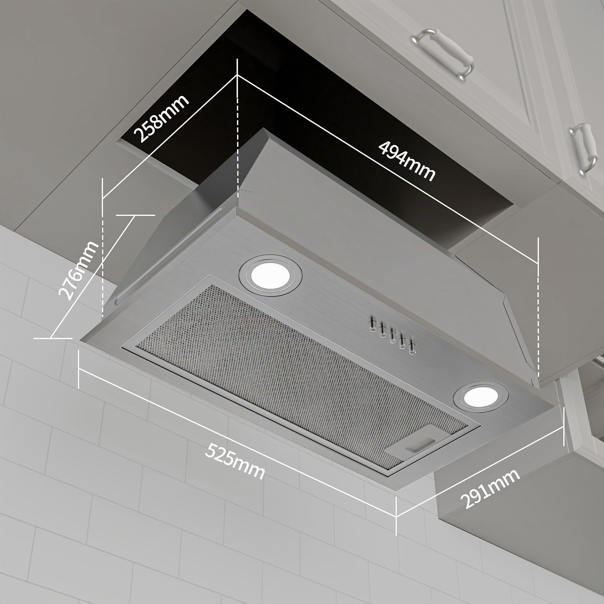 FIREGAS Cappa Aspirante a Incasso 52cm, Aspiratore Silenzioso con Motore ad Alta Efficienza, Classe Energetica A, 590m³/h, 3 Velocità, Illuminazione LED, Filtro a Carboni Attivi