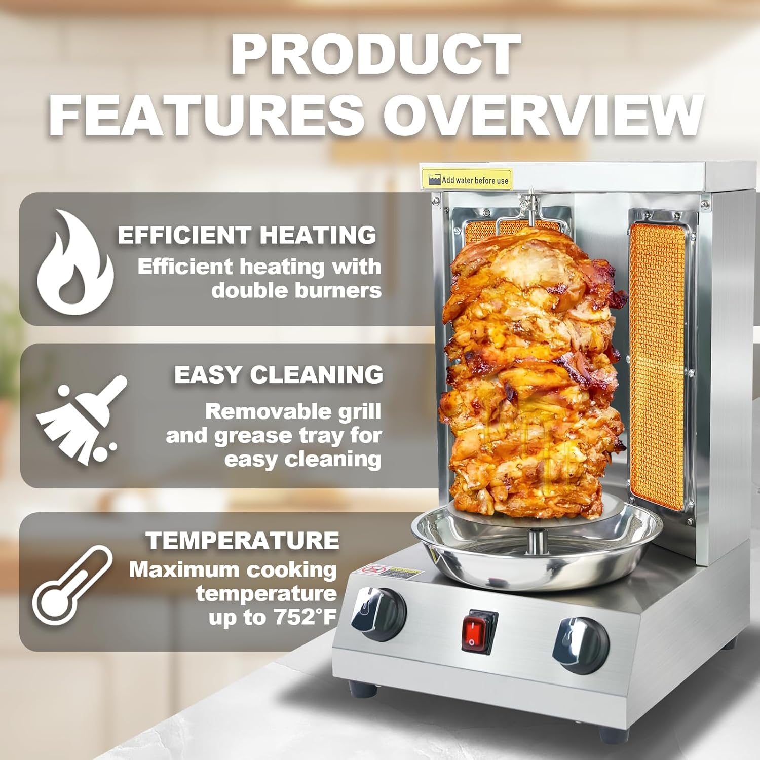 Shawarma Grill Machine Gas Vertical Rotisserie with 2 Burners, Propane Doner Kebab Oven 13 lbs Capacity, Gyro Meat Broiler Machine with Shovel, 110V