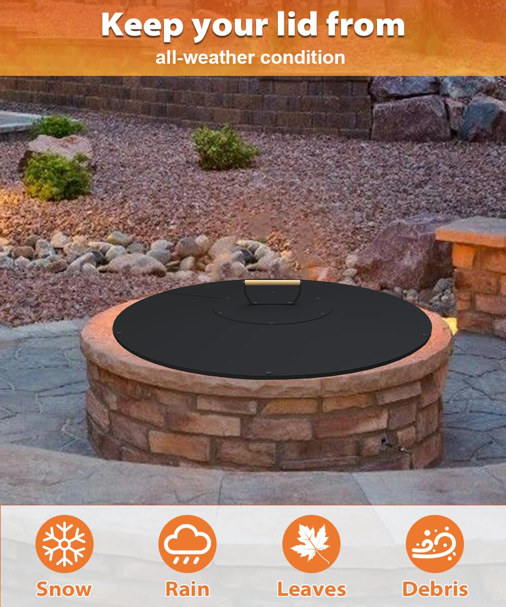 Condition photo showing New/Like New for 32" Wooden-Handle Fire Pit Lid for Pits up to 30", Round Metal Bonfire Pit Burner Pan Cover, Smokeless Fire Pit Cover for Fire Tables, All-Weather Resistance Outdoor Firepit Accessory