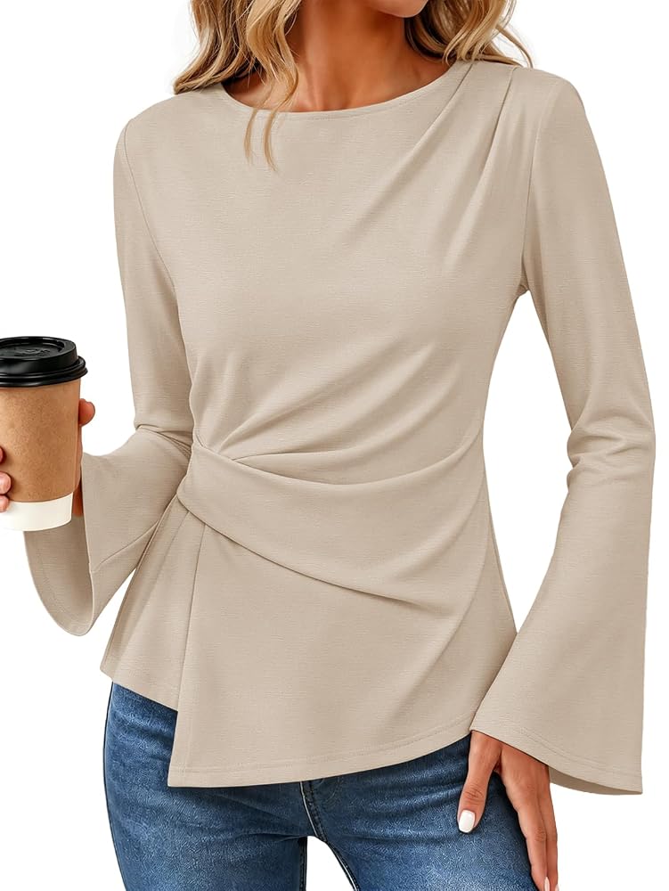 MEROKEETY Womens Peplum Tops Long Sleeve Fall Dressy Business Casual Blouse Elegant Trendy Shirts, Work Office Outfit, Ruched Waist, Crew Neckline, Slim Fit, Flared Sleeves, 2026 Fall Fashion Clothes