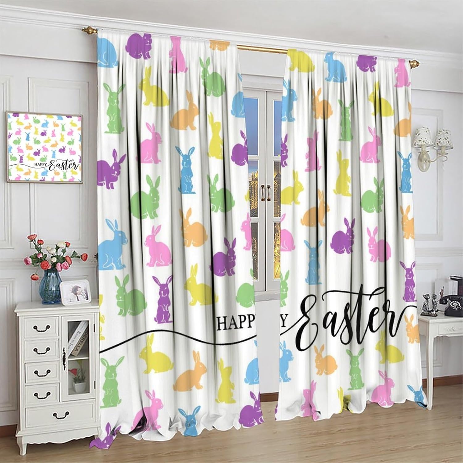 Easter Curtains Colorful Rabbit Purple Pink GreenPurple Pink Green Happy Easter Blackout Window Treatment for Kids Bedroom Living Room Study Home Decor Window Drapes 42" W X 45" L