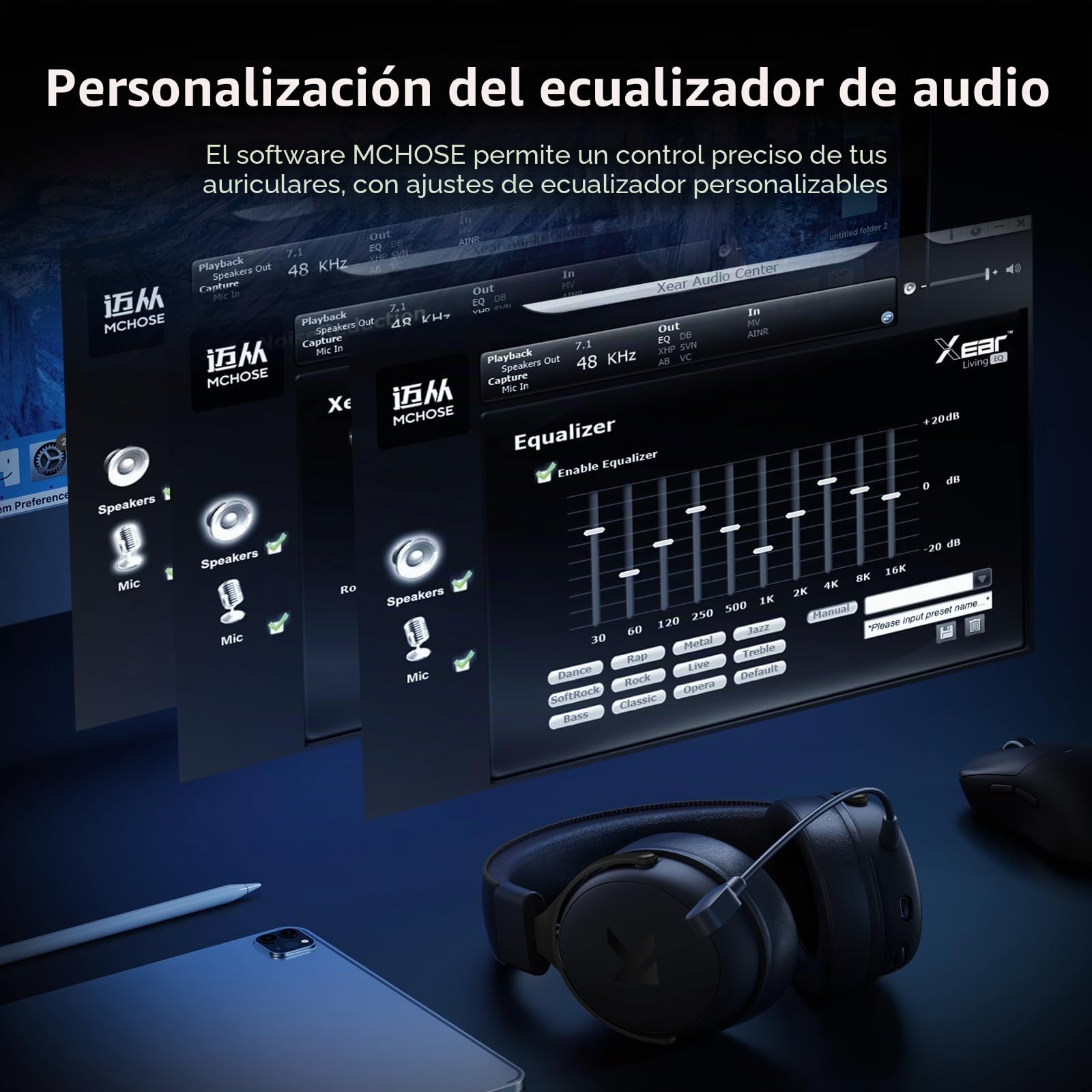 MCHOSE V9 Pro Auriculares Gaming, Son Surround 7.1, Controladores de Audio 53 mm, Micrófono Desmontable, Banda Ajustable, Ligero, USB-C con Cable, 2.4G / BT Inalámbrico, para PC, Mac, PS5, PS4, Switch