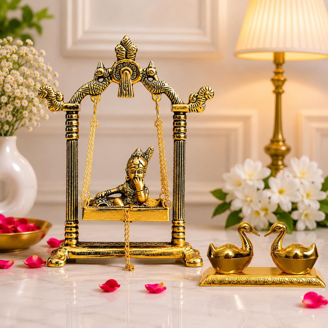 CHHARIYA CRAFTS Metal Krishna Idol On Jhula Swing Jhula Laddu Gopal on Jhulla Palana and Duck Pair Love Bird with KumKum Box for Home and Office Temple Pooja Item Decorative Showpieces-image-17