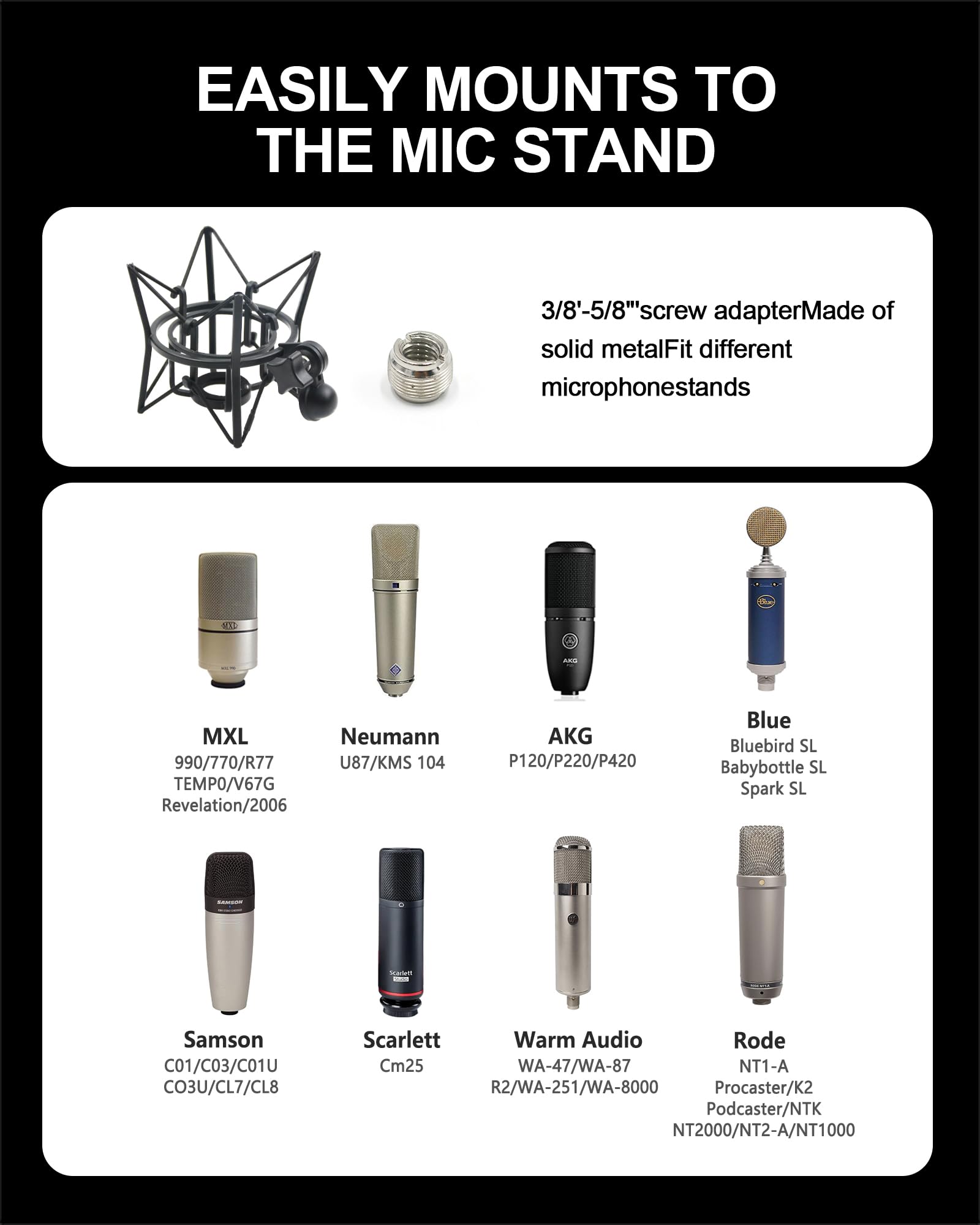 SUUNTOK AKG P120 Shock Mount Universal Microphone Holder Metal Recording Mic Shockmount Stand Compatible with Many Condenser Mics Like Rode NT1-A NT2-A Procaster AT2020 MXL 990 770 U87 (Black) - Image 2
