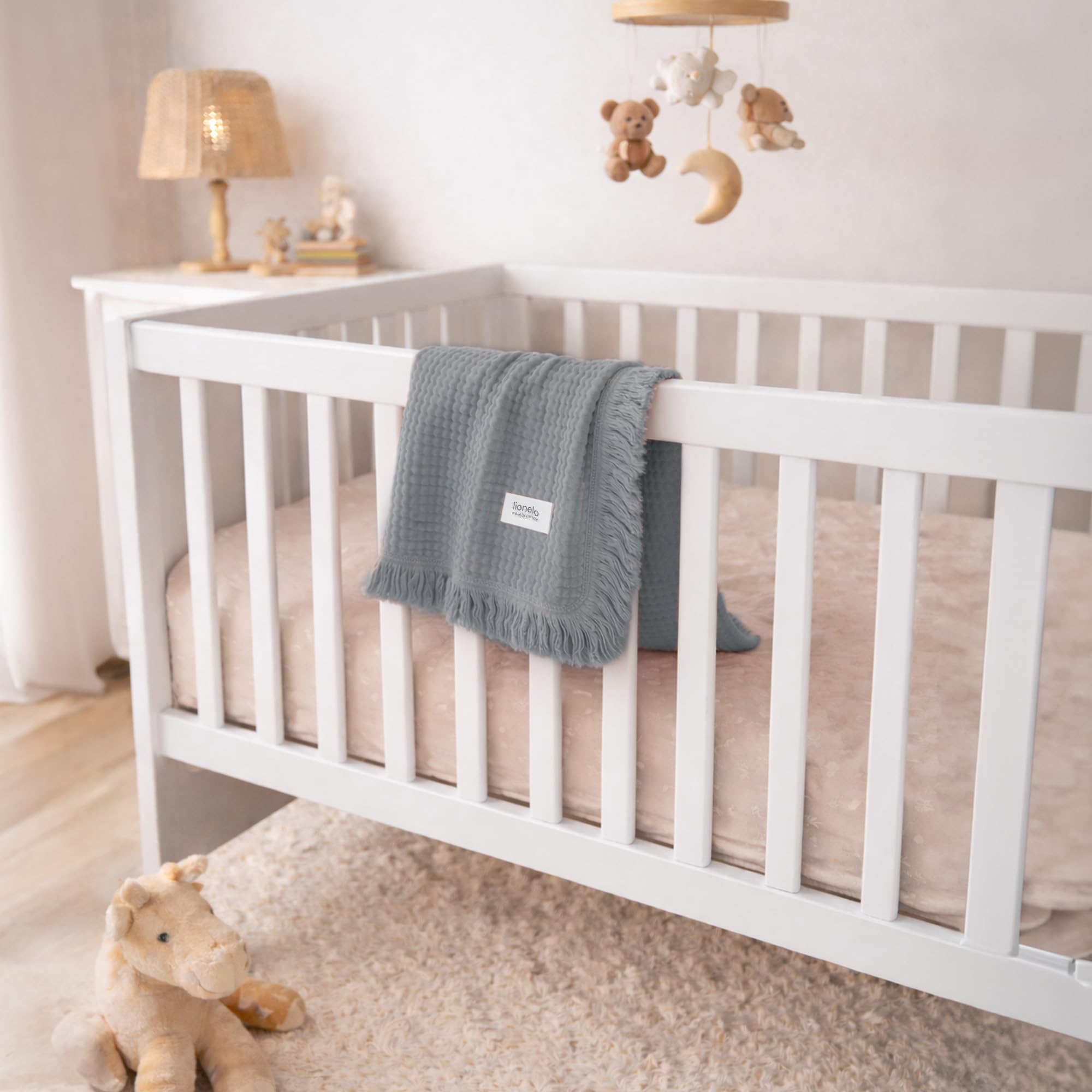 lionelo MUSLIN BLANKET Copertina Neonato in Cotone 100% Mussola, 70 x 100 cm, 6 Strati Morbida e Traspirante 4 Stagioni, Coperta Neonato per Carrozzina e Culla, Frange Rinforzate, Idea Regalo