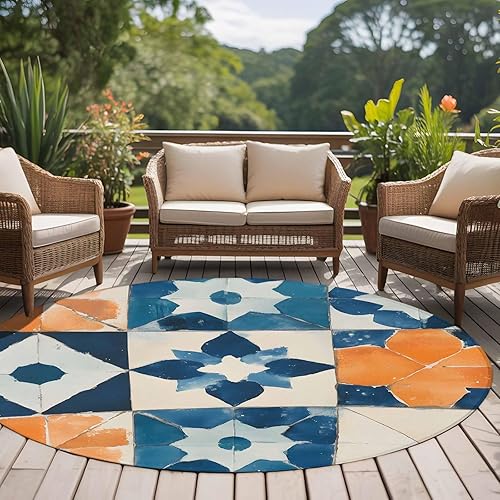 Miniatura 5 de 6ft Round Rug, Abstract Blue Non-Skid Rubber Backing Large Area Rugs - Living Room Bedroom Home Office, Orange Color Block Retro Watercolor Boho
