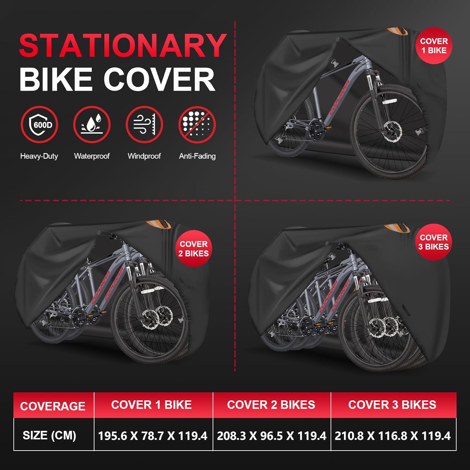 Size chart for Zettum stationary bike covers, showing dimensions for 1-bike, 2-bike, and 3-bike covers
