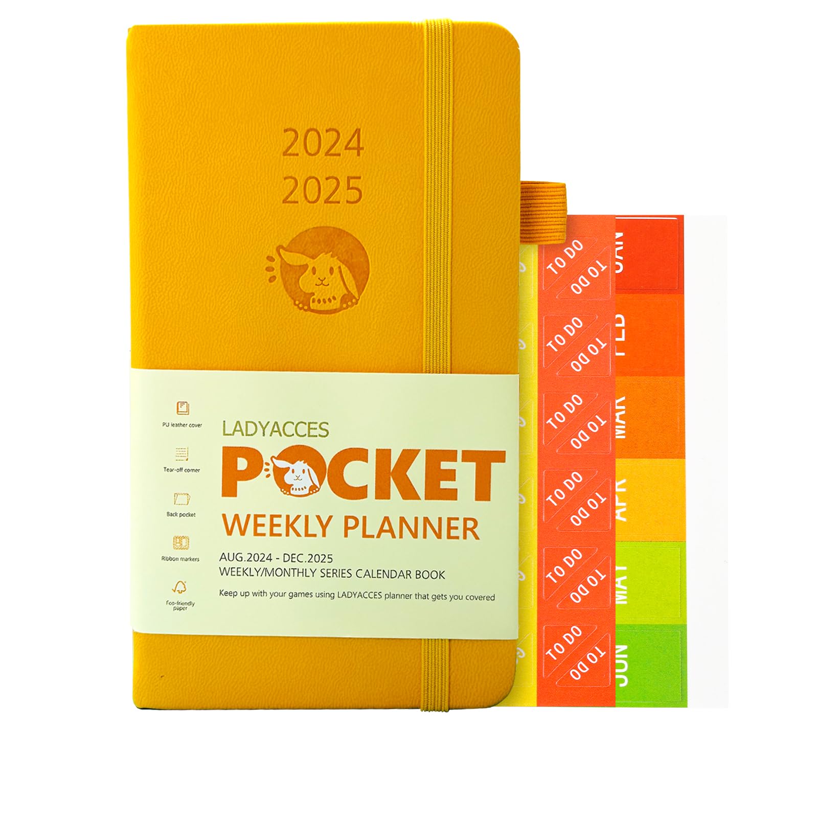 LADYACCES - Calendario de bolsillo 2024-2025, año académico agosto 2024 a diciembre 2025, agenda semanal pequeña para bolso, tapa dura de cuero vegano, bolsillo interior, inicio de domingo, 3.5 x 6