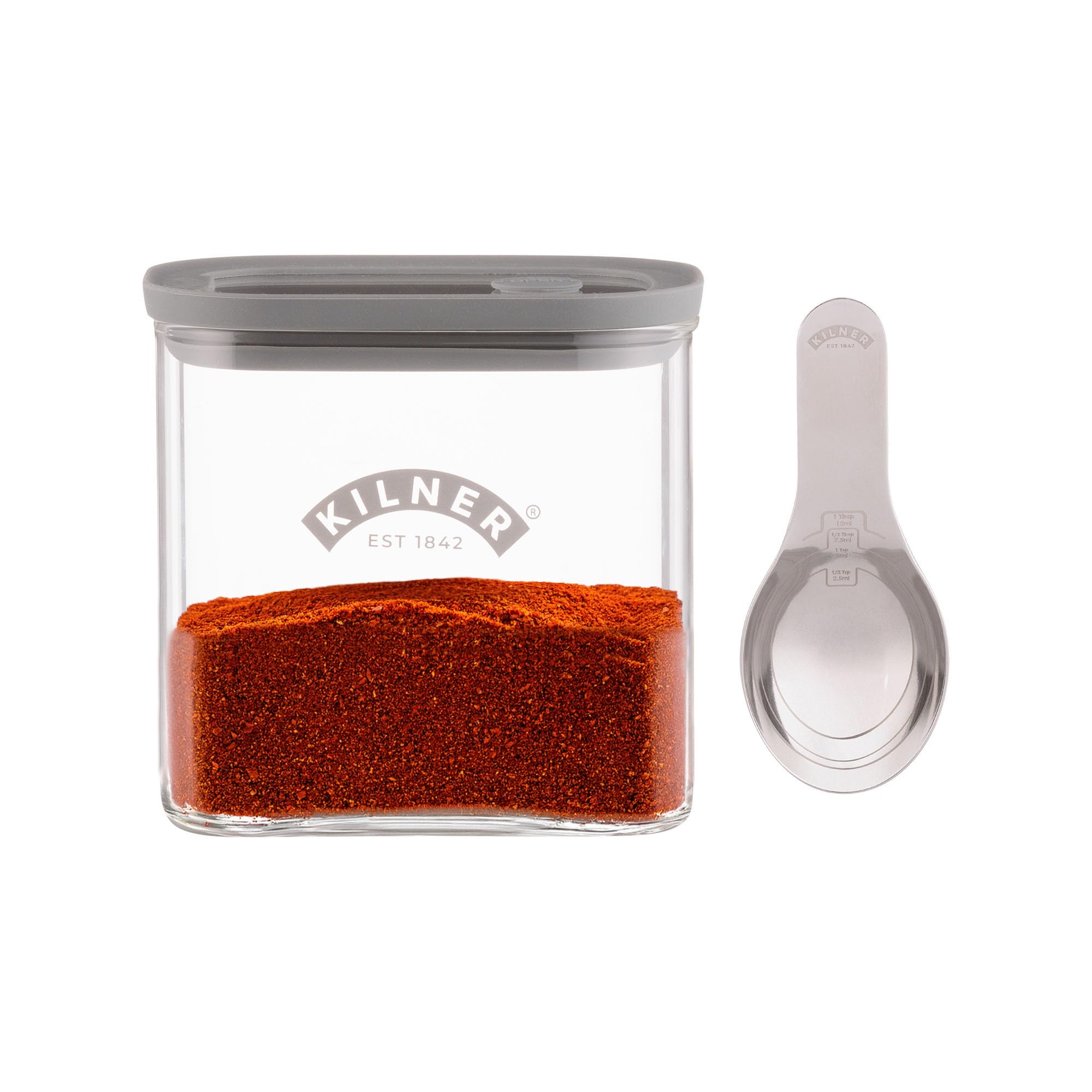 Kilner Fresh Storage Bulk Spice Jar 700ml Glass Food Container with Silicone Valve Lid | Airtight, Stackable Design with Integrated Measuring Spoon | Ideal for Spices, Herbs and Seasoning
