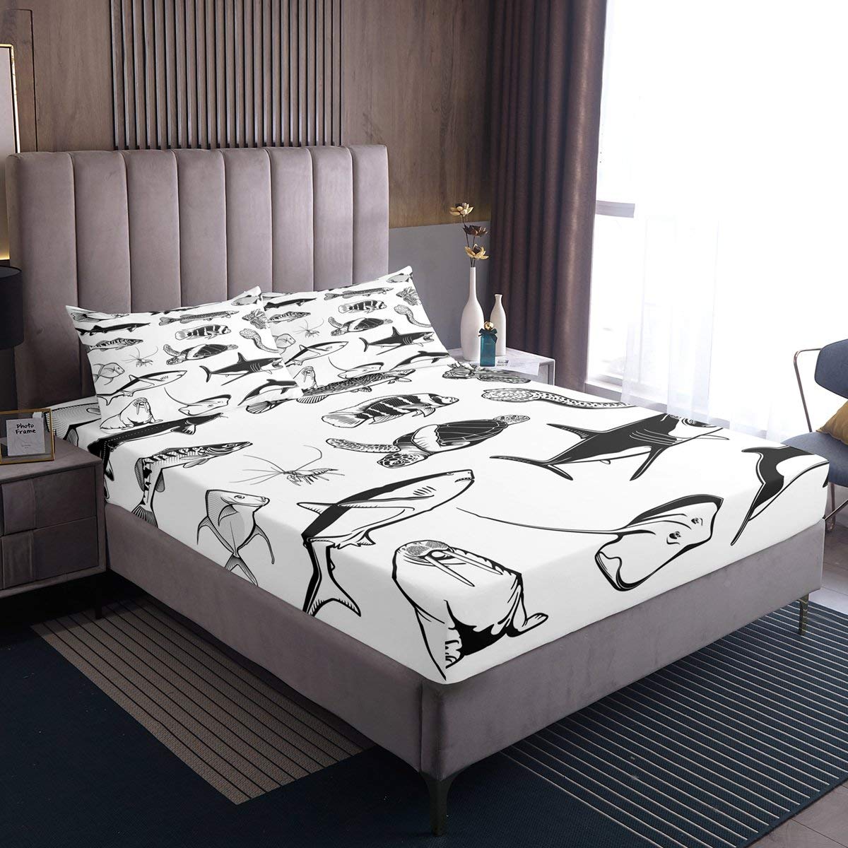 Set Lenzuolo Con Angoli Matrimoniale 160x200x30 Cm – Tema Animali Marini, 100% Microfibra, Morbido, Traspirante