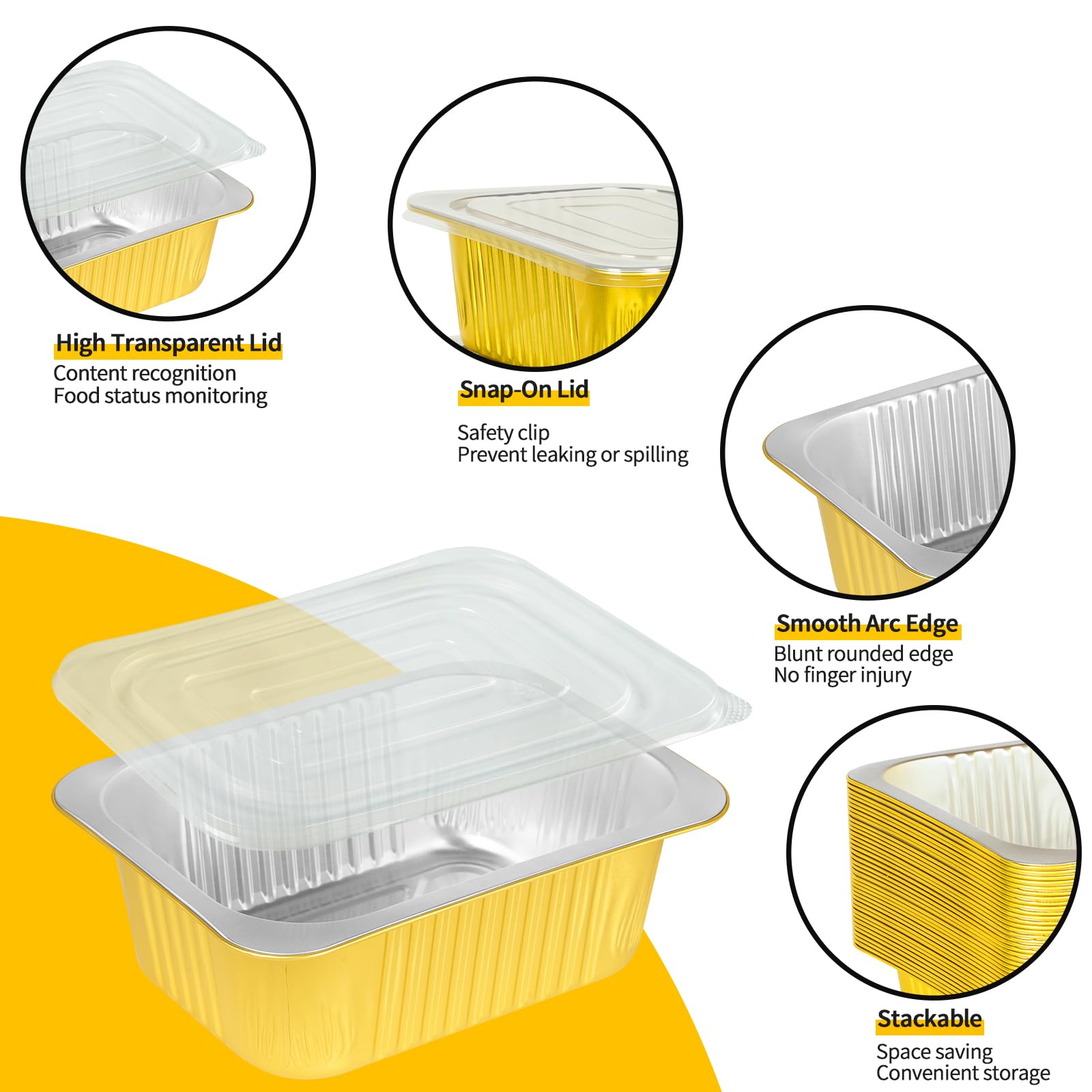 Paquete de 40 sartenes de aluminio dorado de 3 libras con tapas, 8.7 x 6.6 x 2.5 pulgadas, recipientes de aluminio resistentes para hornear, calentar, cocinar, asar, preparar comidas,