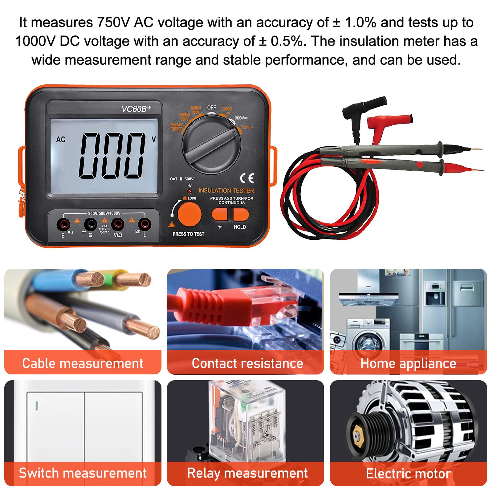 Digital Megohmmeter, Isolationswiderstandstester Isolationswiderstand 0.1MΩ-2GΩ mit 250V/500V/1000V Prüfspannung mit hintergrundbeleuchtetem LCD-Display, Inkl. Messspitzen Krokodilklemmen