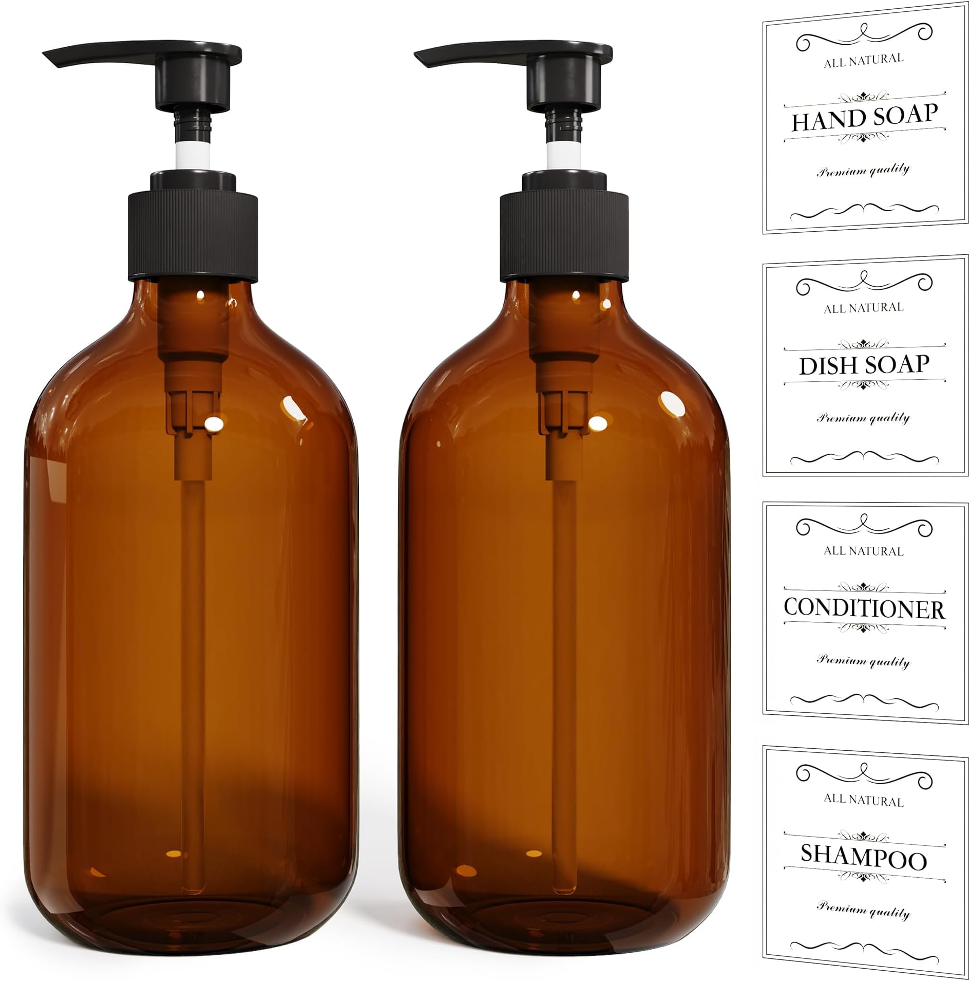 2PCS Amber Dish Soap Dispenser for Kitchen (16 Oz), Brown Hand Soap Dispenser for Bathroom, Plastic Soap and Liquid Dispenser Set with Rust Proof Pump, Refillable Soap Pump Bottles, Waterproof Labels