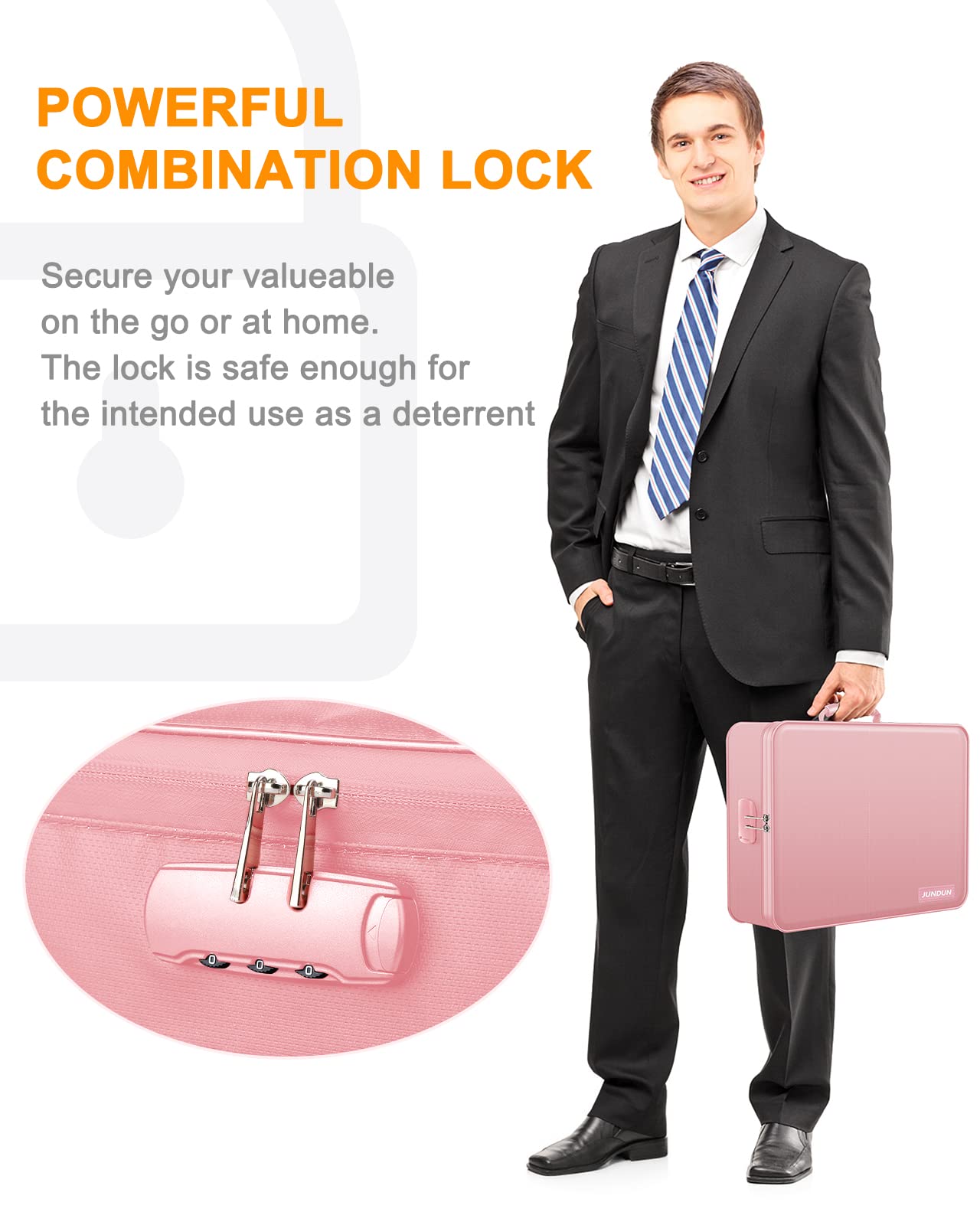 JUNDUN Fireproof Document Box With Lock & Shoulder Strap,Hard Shell