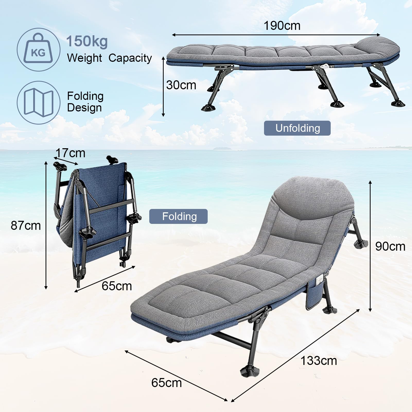 Lit de camp pliable - 190 x 68 x 30 cm - Chaise longue de jardin pliable - Charge maximale : 150 kg - Avec matelas - Lit de camping réglable - Gris