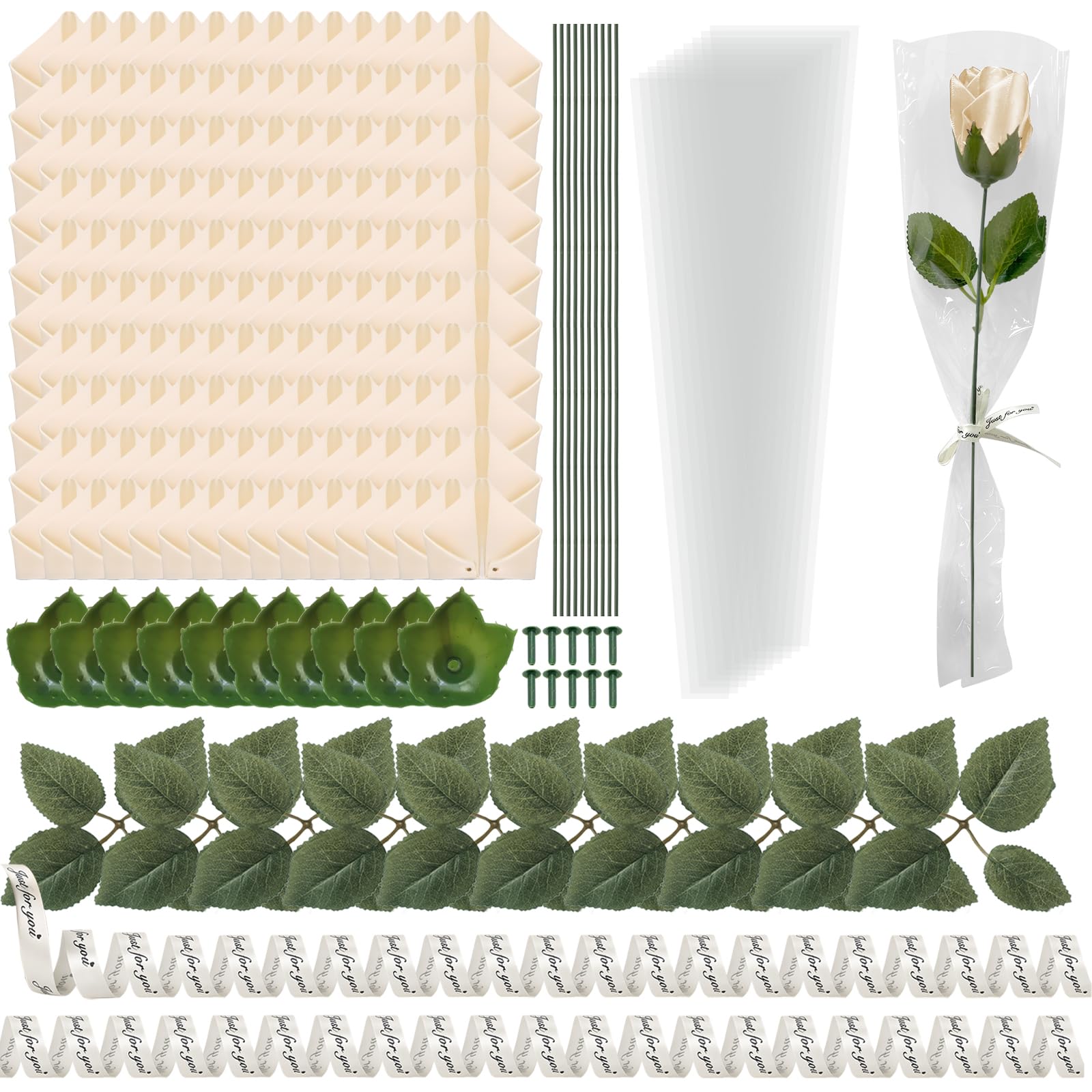 CNYMANY 191 pcs Premade Satin Ribbon Rose Petals Set, Artificial Champagne Rose Petals Half-Finished with Green Stems, Leaves, Ribbon, Diy Flower Bouquet for Wedding, Proposal Party, Anniversary